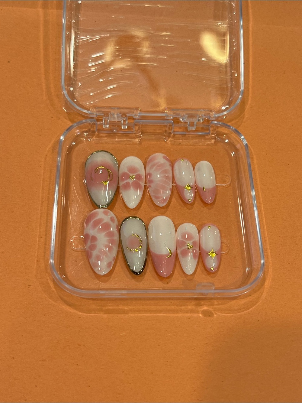 Press-On Nail Set - Pink Floral & Gold Accent